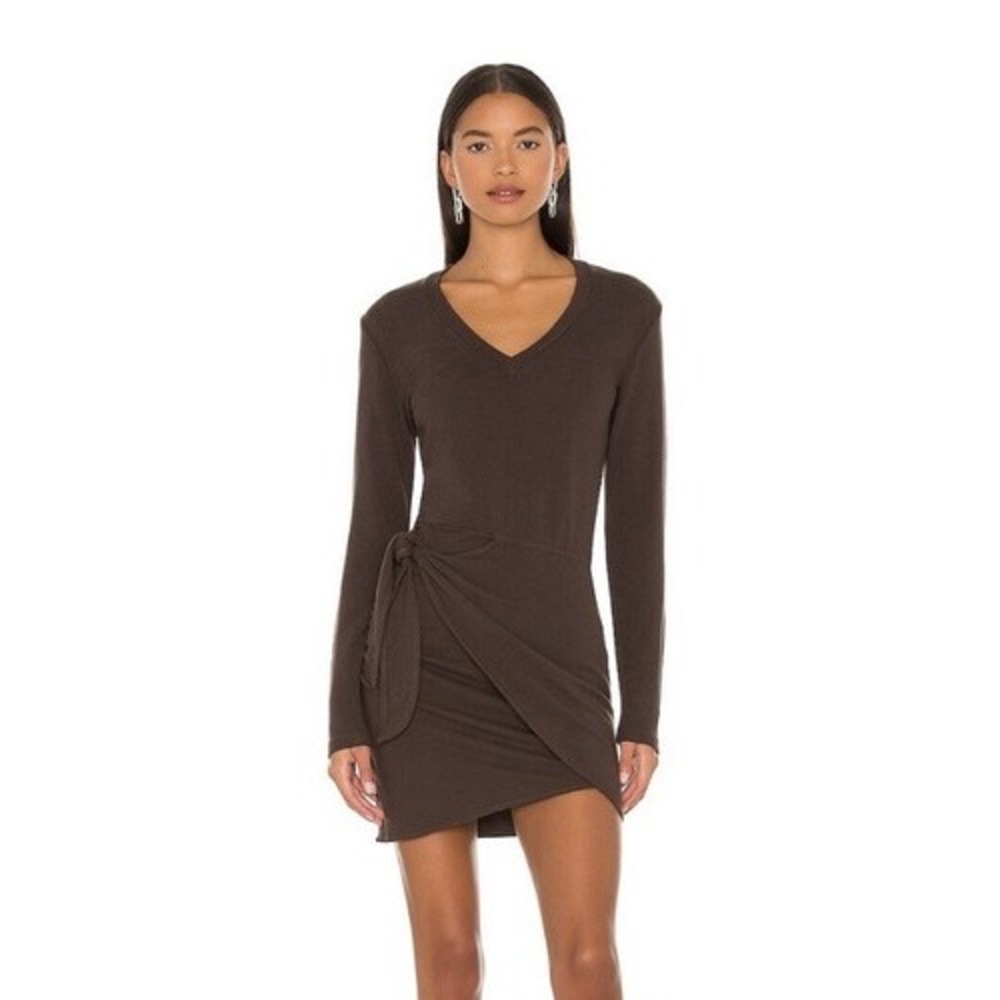 MONROW Wrap Front Long Sleeve Mini Dress Brown Size S NWT